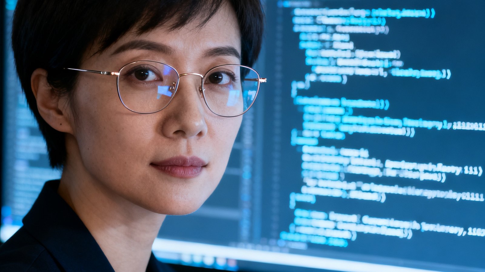 女性CTO戴着细框眼镜的近照，身后是写满代码的超宽显示器屏幕，展现技术专业气质